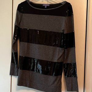 Vivienne Tam Tunic Top Black and Gray Striped with Sequins - Medium